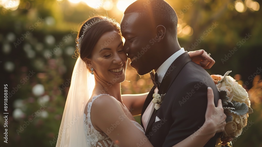 Wall mural Joyful Wedding Embrace in a Garden