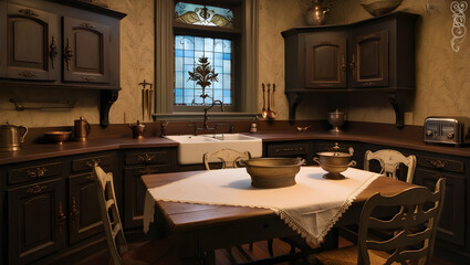 A warm and inviting Victorian kitchen scene captured in a photograph, featuring rich wooden cabinetry with ornate carvings, intricately patterned ceramic tiles, generative ai