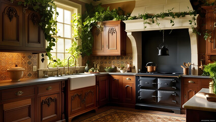 A warm and inviting Victorian kitchen scene captured in a photograph, featuring rich wooden cabinetry with ornate carvings, intricately patterned ceramic tiles, generative ai