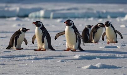 Obraz premium Playful Penguins Sliding Down an Icy Slope Flippers Outstretched and Joyful Expressions on a Frozen Landscape