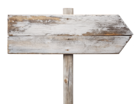 A rustic weathered wooden arrow sign with a distressed finish. Perfect for vintage-themed decor, adding a touch of character and direction to any space. Isolated on transparent background, png.
