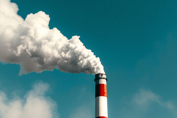 Factory smoke stack emitting thick white smoke against a clear blue sky