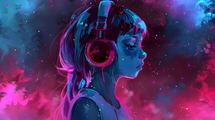 A digital illustration of a girl with headphones, set against a vibrant, neon gradient background. The colors blend between pink and blue, creating a dyA digital illustratnamic, futuristic atmosphere.