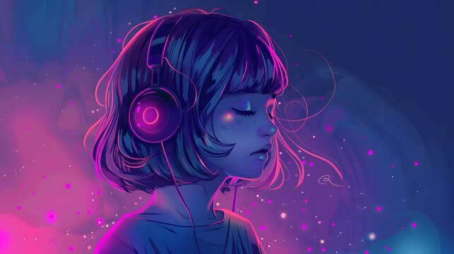 A digital illustration of a girl with headphones, set against a vibrant, neon gradient background. The colors blend between pink and blue, creating a dyA digital illustratnamic, futuristic atmosphere.