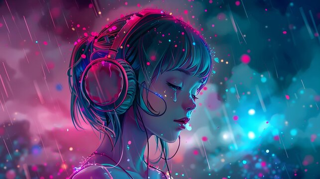 A digital illustration of a girl with headphones, set against a vibrant, neon gradient background. The colors blend between pink and blue, creating a dyA digital illustratnamic, futuristic atmosphere.