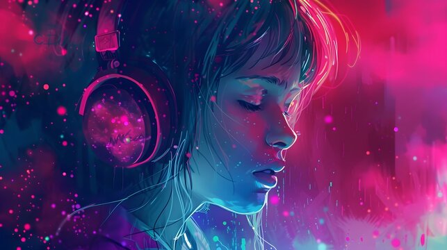 A digital illustration of a girl with headphones, set against a vibrant, neon gradient background. The colors blend between pink and blue, creating a dyA digital illustratnamic, futuristic atmosphere.