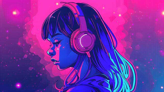A digital illustration of a girl with headphones, set against a vibrant, neon gradient background. The colors blend between pink and blue, creating a dyA digital illustratnamic, futuristic atmosphere.