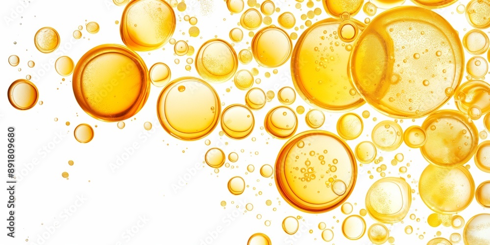 Poster a bunch of yellow bubbles floating in the air. the bubbles are all different sizes and are scattered