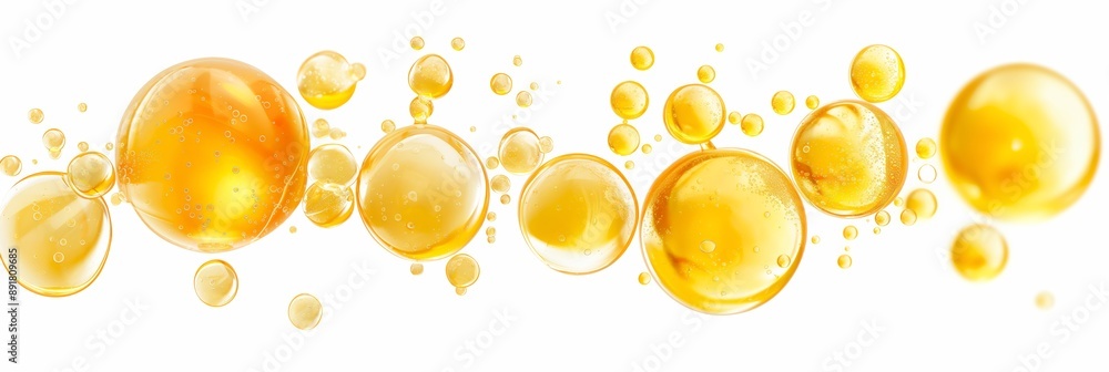 Poster a series of yellow bubbles are floating in the air. the bubbles are of various sizes and are scatter