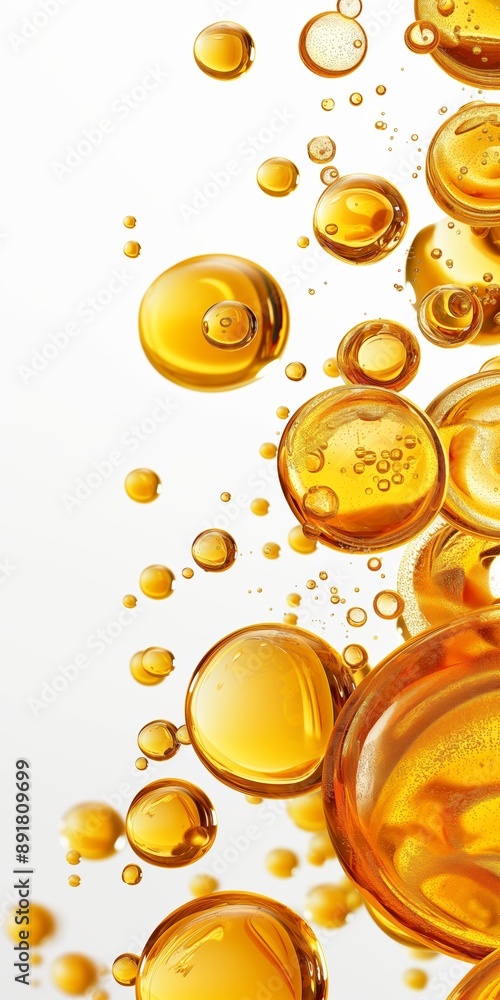 Poster a close up of many small bubbles of a yellowish color. the bubbles are floating in the air and appea