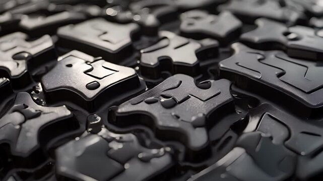 The unique pattern on this tire tread resembles a series of interlocking puzzle pieces creating a sy base for the tire to grip the road.