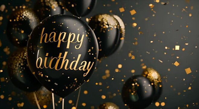 Festive background with black balloons and golden confetti for a birthday party.