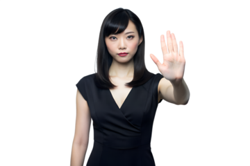 A sophisticated Japanese girl in a sleek black dress gracefully raises her hand in a gentle yet firm stop gesture, transparent background