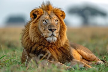 Fototapeta premium Lion resting in savannah at sunset. In the fading rays of daylight, the lion's peaceful repose reflects the harmony of the African wilderness.