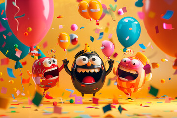 A playful and whimsical Black Friday sale announcement featuring animated characters or mascots.Huge Savings Await!' with fun, cartoon-style elements like confetti, balloons, and cheerful characters