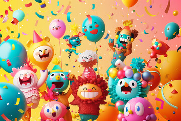 Fototapeta premium A playful and whimsical Black Friday sale announcement featuring animated characters or mascots.Huge Savings Await!' with fun, cartoon-style elements like confetti, balloons, and cheerful characters