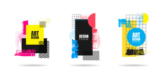 Vector illustration. Dynamic stylish frames. Linear graphic elements for design invitations, gift cards, flyers, web banners, covers. Memphis pattern, linear grid, brush stroke smear, halftone dots