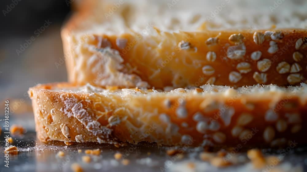 Poster a crosssection view of a slice of bread showcasing its open and irregular crumb structure with speck