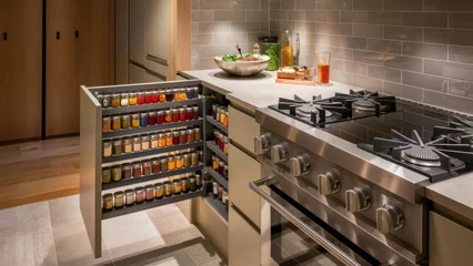 A kitchen with a stove and oven, spice rack in the cabinet, AI © starush