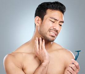 Model, face and neck shaving injury with self care grooming, health or beard mistake. Pain, man and...