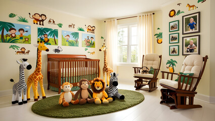 A warm and inviting nursery room filled with safari-inspired decor, featuring a mixture of vibrant and earthy tones, with a natural wood crib, generative ai