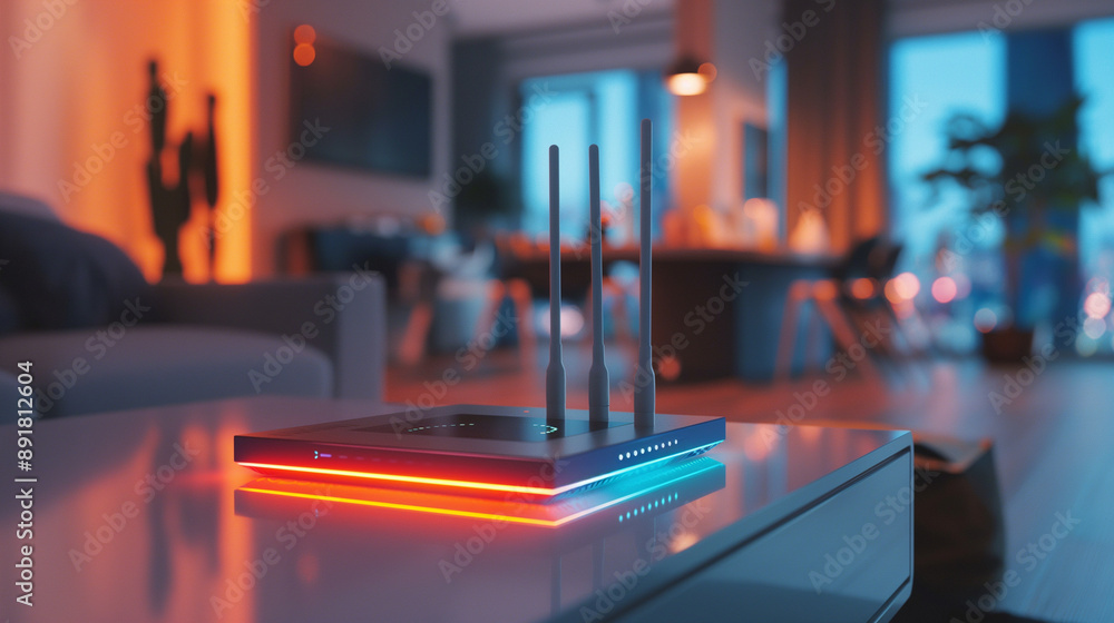 Poster closeup of a futuristic wi-fi router with advanced design features, led lights illuminating to signa