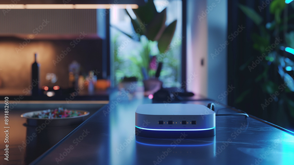 Poster closeup of a futuristic wi-fi router with advanced design features, led lights illuminating to signa