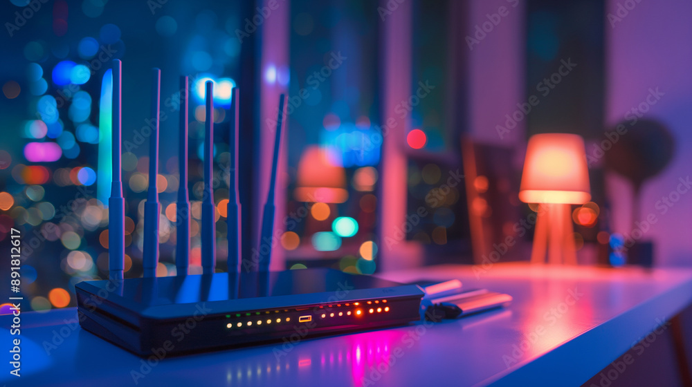 Poster closeup of a sophisticated wireless router with multiple antennas and glowing leds, representing the