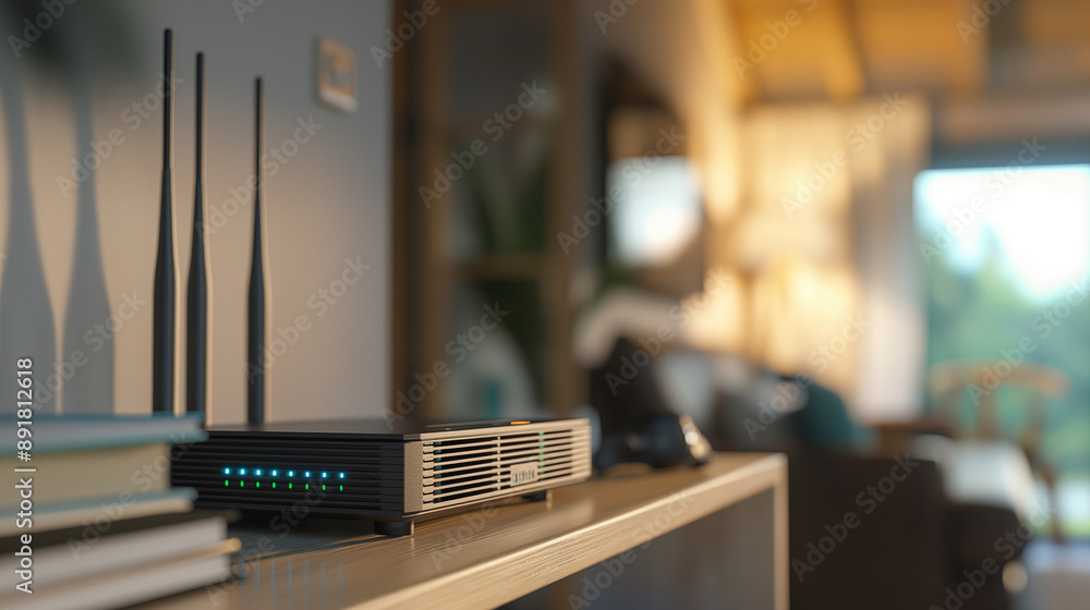 Poster closeup of a modern wi-fi router with sleek design and led status lights, representing strong intern