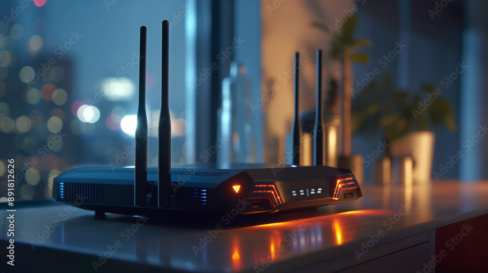 Aufkleber closeup of a sophisticated wireless router with multiple antennas and glowing leds, representing the
