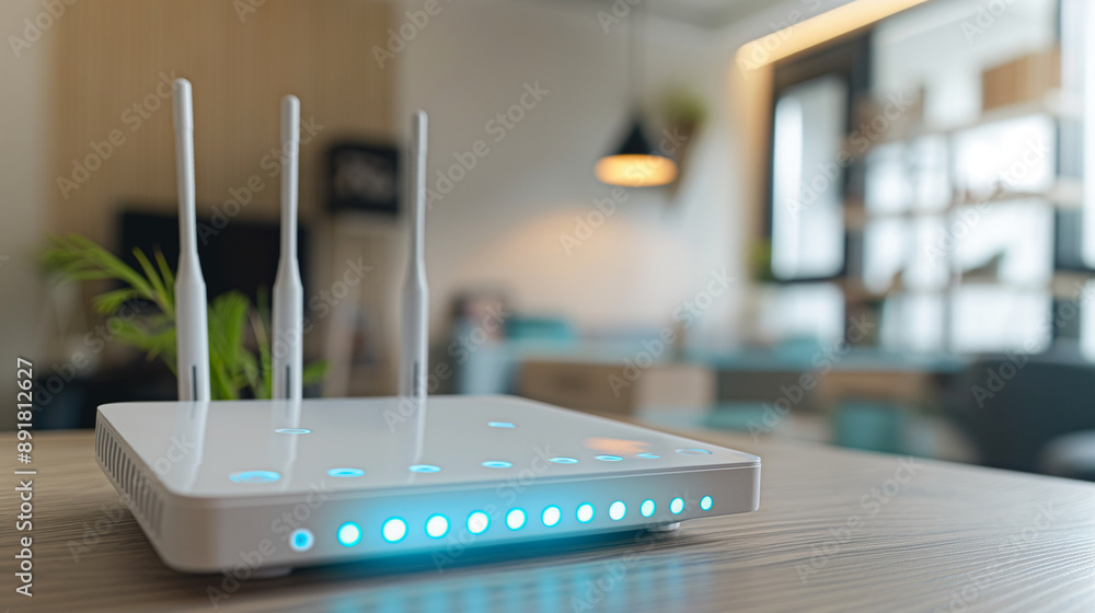 Aufkleber closeup of a modern wi-fi router with sleek design and led status lights, representing strong intern