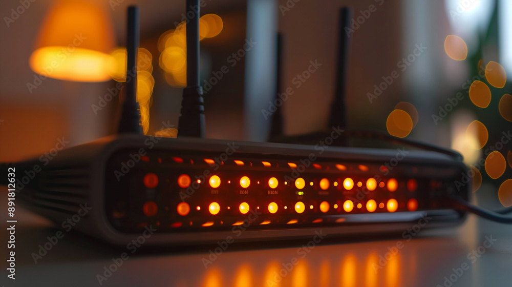 Aufkleber a detailed view of a wi-fi router's interface, showing the blinking lights and connected cables, sym