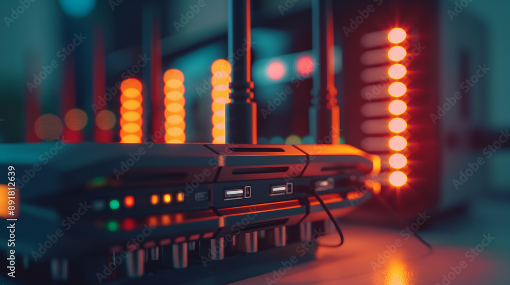 Aufkleber detailed shot of a high-performance wireless router, focusing on its multiple antennas and glowing i