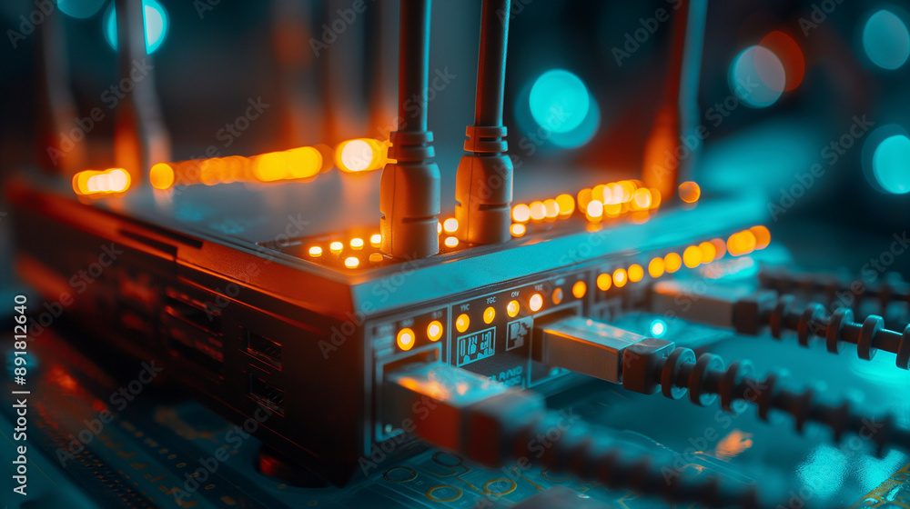 Aufkleber detailed shot of a high-performance wireless router, focusing on its multiple antennas and glowing i