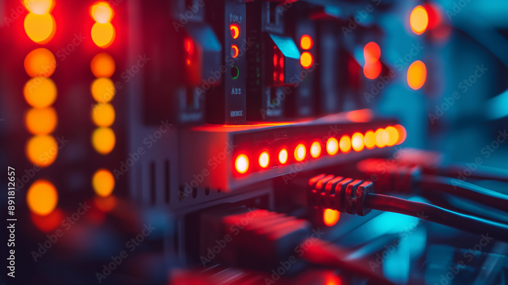 Poster detailed shot of a high-performance wireless router, focusing on its multiple antennas and glowing i