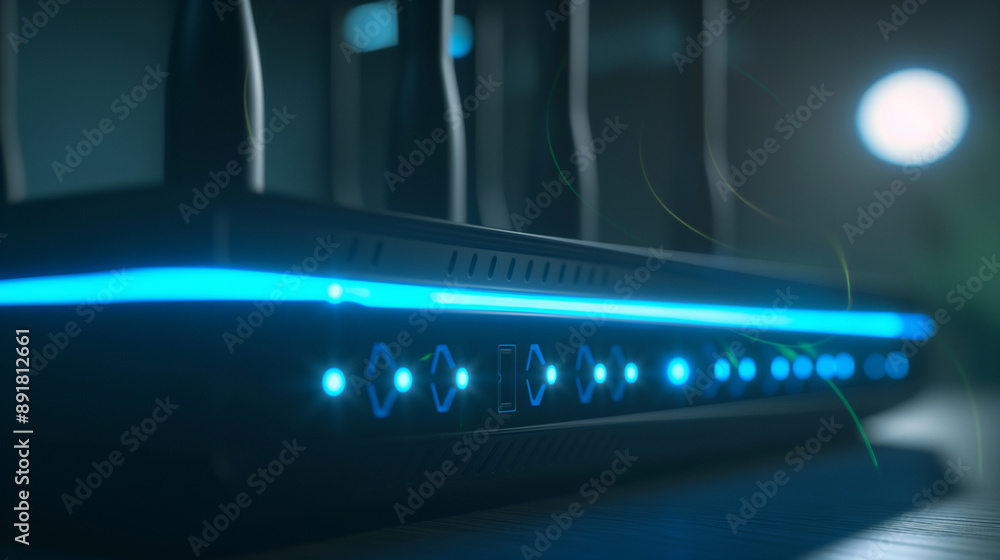 Aufkleber a detailed view of a wi-fi router's interface, showing the blinking lights and connected cables, sym