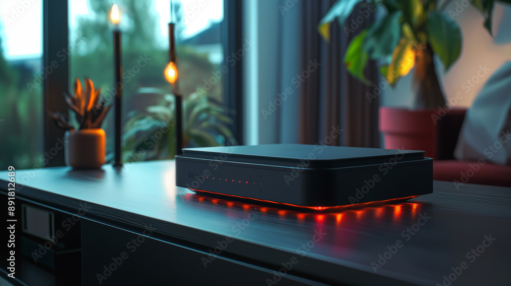 Poster closeup of a stylish wi-fi router with advanced design features and led status lights, set against a