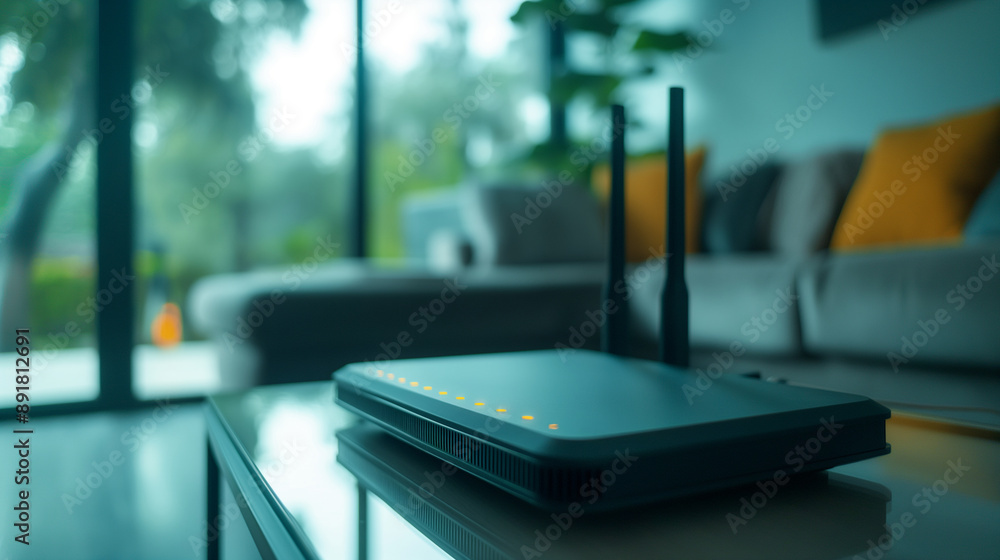 Poster closeup of a stylish wi-fi router with advanced design features and led status lights, set against a