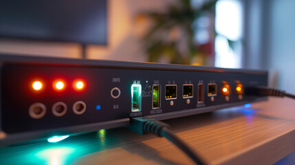 Detailed shot of a Wi-Fi modem, focusing on the LED indicators and port connections, highlighting the device's role in maintaining a robust wireless network in a modern home.