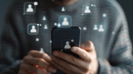 Close-up of person using a smartphone with social media icons floating around, representing online communication and technology.