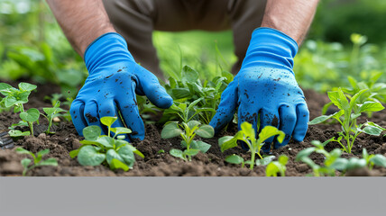 Fototapeta premium A gardener kneels in the sun-drenched garden, gently tucking a vibrant flower into the rich soil