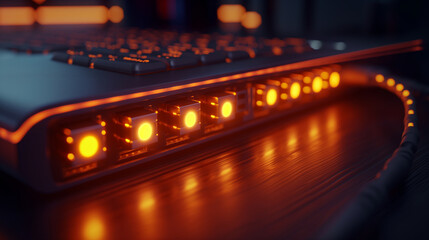 A detailed shot of a Wi-Fi modemâs LED indicators, focusing on the glowing lights and port connections, symbolizing reliable wireless connectivity in a modern workspace.