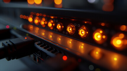 A detailed shot of a Wi-Fi modemâs LED indicators, focusing on the glowing lights and port connections, symbolizing reliable wireless connectivity in a modern workspace.