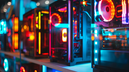 Obraz premium Close-up of a collection of sleek and modern PC desktop computer cases displayed in a shop, with vibrant LED lighting highlighting their design features.