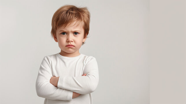 An upset little boy standing with crossed arms, looking frustrated in a studio shot, depicting annoyed and unhappy toddler emotions.