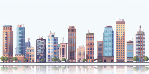Obraz premium Cityscape Skyline Panorama: A vibrant, stylized cityscape with diverse architecture reflected in water, offering a panoramic view of modern urban life. 