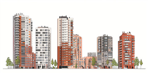 Urban Skyline Panorama: A vibrant cityscape showcasing a collection of modern high-rise buildings, architectural diversity, and lush green trees. Ideal for real estate, urban planning.