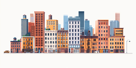 Urban Skyline Panorama: A vibrant cityscape illustration, showcasing a diverse range of architectural styles in warm, inviting colors. Perfect for projects needing a touch of urban charm. 