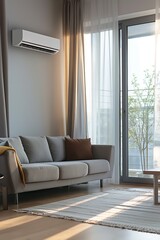 Fototapeta premium A stylish air-conditioned apartment with a comfortable sofa and modern temperature control system.