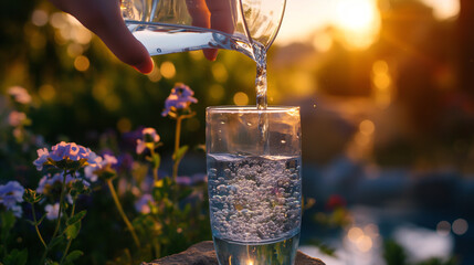 A person pouring fresh water from a pitcher into a clear glass, with a vibrant outdoor scene in the background, emphasizing the importance of staying hydrated for good health.